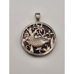 Vintage Sterling Silver Koi Fish Carnelian Pendant Round Filigree Medallion